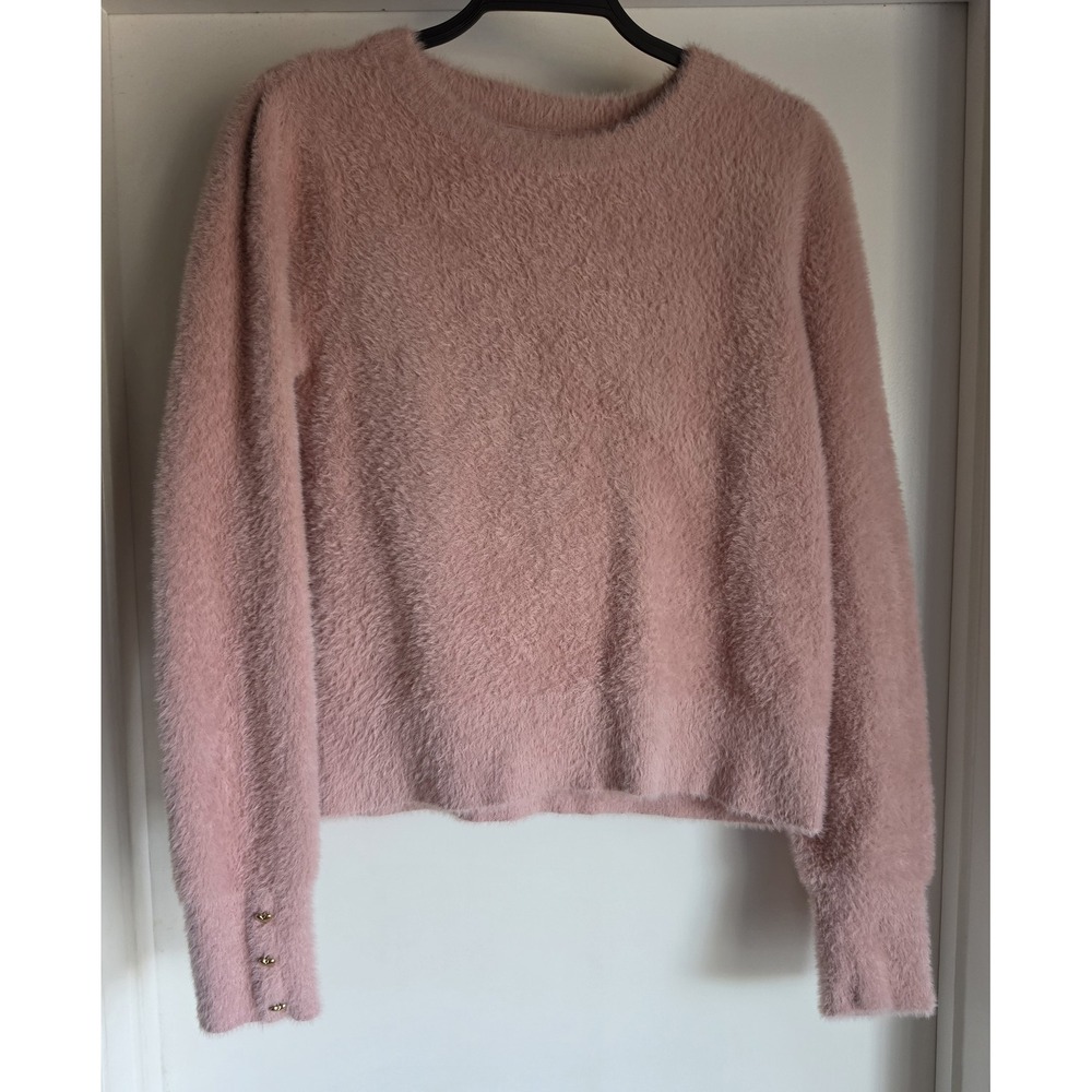 Bailey 44 Women's Pink Crew Neck Pullover Sweater L Long Sleeve Top Heart Button
